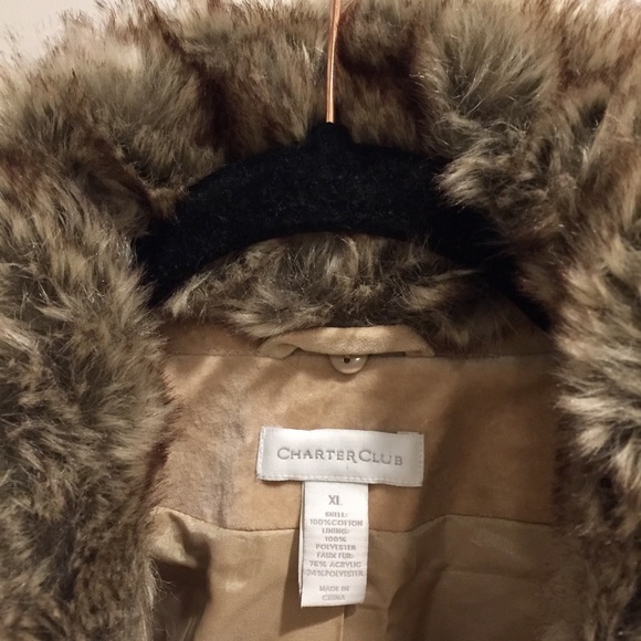 Charter Club faux fur tan pea coat trench jacket vintage Y2k double breasted - Picture 2 of 3